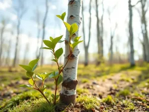 Młoda sadzonka brzozy z jasnozielonymi liśćmi na tle jasnego brzozowego zagajnika w wiosennym świetle.