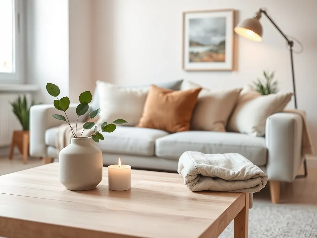 Minimalistyczny, przytulny salon z jasnymi meblami, roślinami i ciepłym oświetleniem, inspiracja na stylowe dekoracje wnętrza.