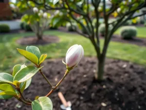 Młoda magnolia w ogrodzie z pąkami kwiatów i narzędziami ogrodniczymi, ilustrująca etap wzrostu i pielęgnacji drzewa.