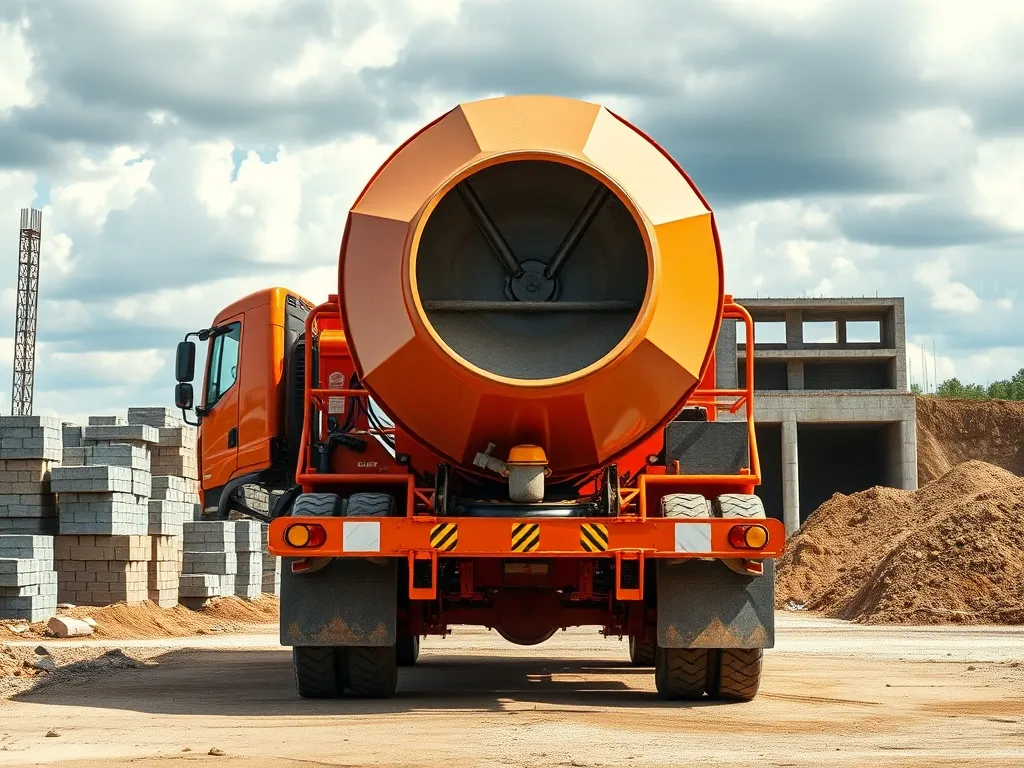 Pomarańczowa gruszka do betonu na placu budowy, z widocznym bębnem i materiałami budowlanymi w tle