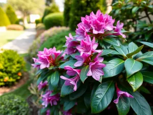 Kwitnący rododendron wiosną w ogrodzie, różowo‑fioletowe kwiaty i ciemnozielone liście z rosą, spokojna atmosfera.