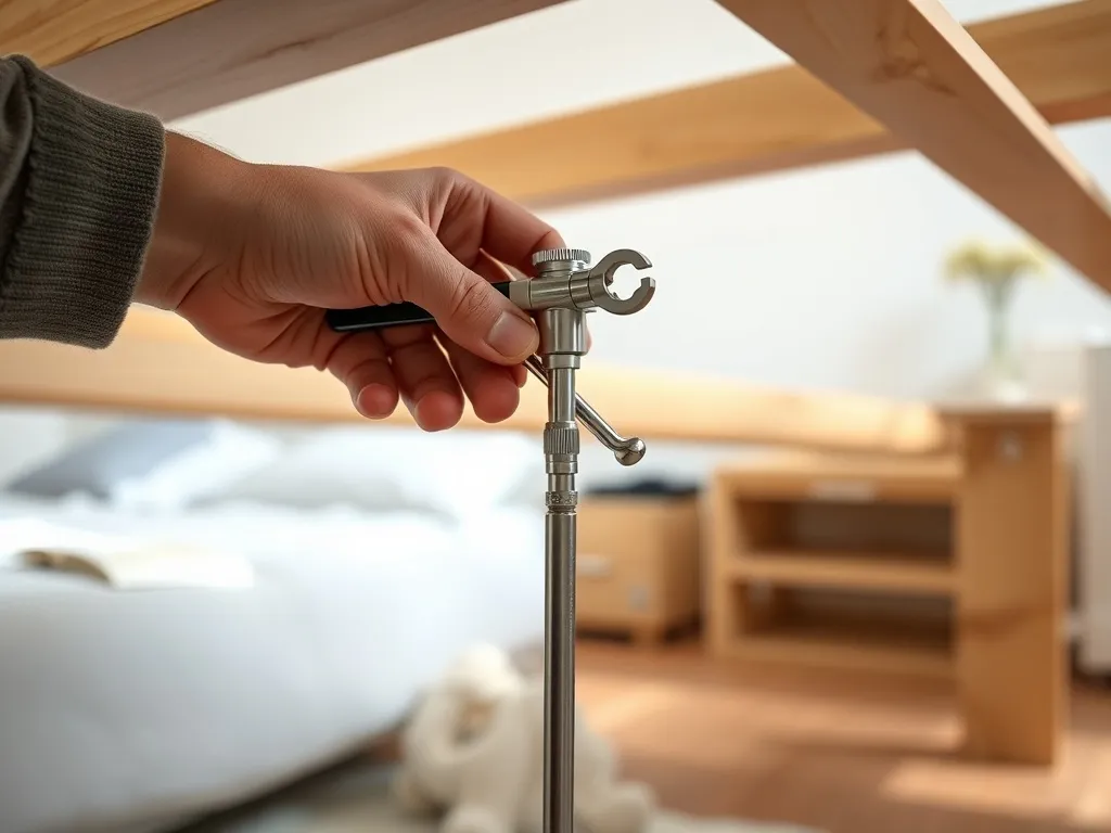 Dłonie odblokowują siłownik gazowy pod drewnianym łóżkiem kluczem, pokazując krok po kroku prostą naprawę DIY.