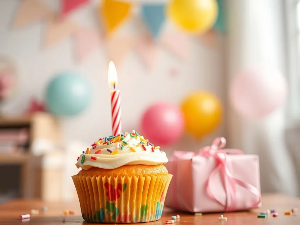 Kolorowa babeczka urodzinowa ze świeczką i prezentem, w tle balony – radosny, zabawny klimat przyjęcia dla siostrzenicy.