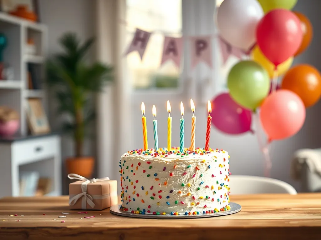 Kolorowy tort urodzinowy z dziesięcioma świeczkami, obok prezent i konfetti, w tle pastelowe balony i girlanda.