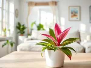 Różowa bromelia w białej doniczce na drewnianym stole w jasnym, nowoczesnym salonie, symbol pielęgnacji roślin w domu.