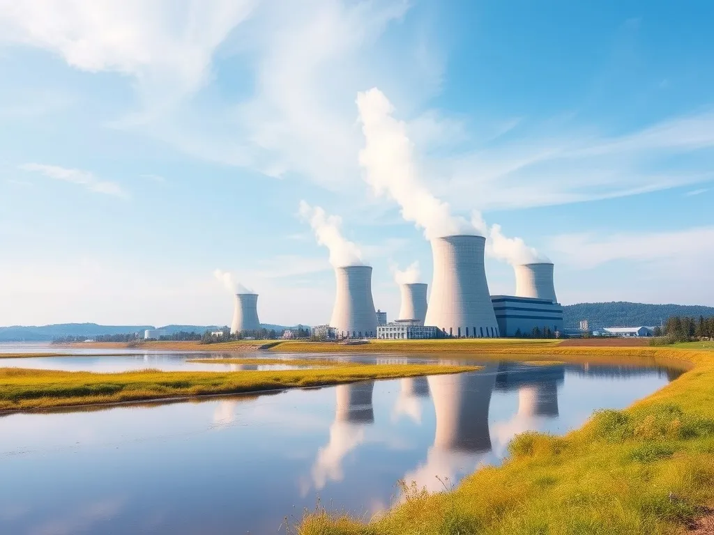 Panoramiczny widok nowoczesnej francuskiej elektrowni jądrowej z chłodniami kominowymi nad rzeką w słoneczny dzień