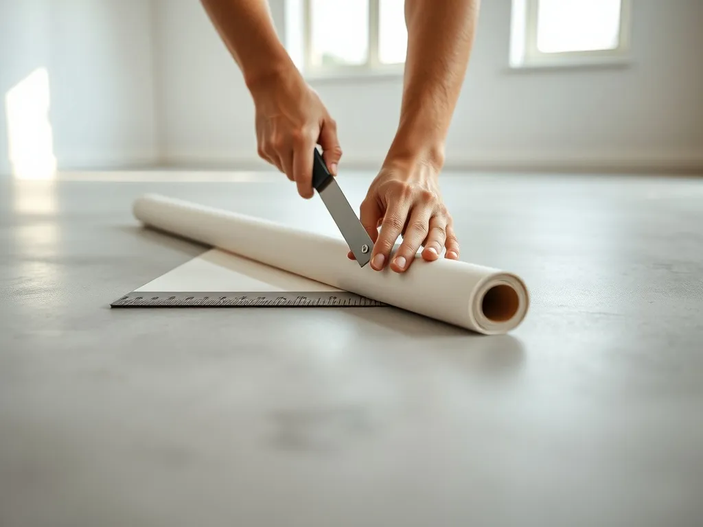 Układanie linoleum na gładkiej posadzce betonowej, ręce przycinają materiał nożem i metalową linijką w pustym, jasnym pokoju.