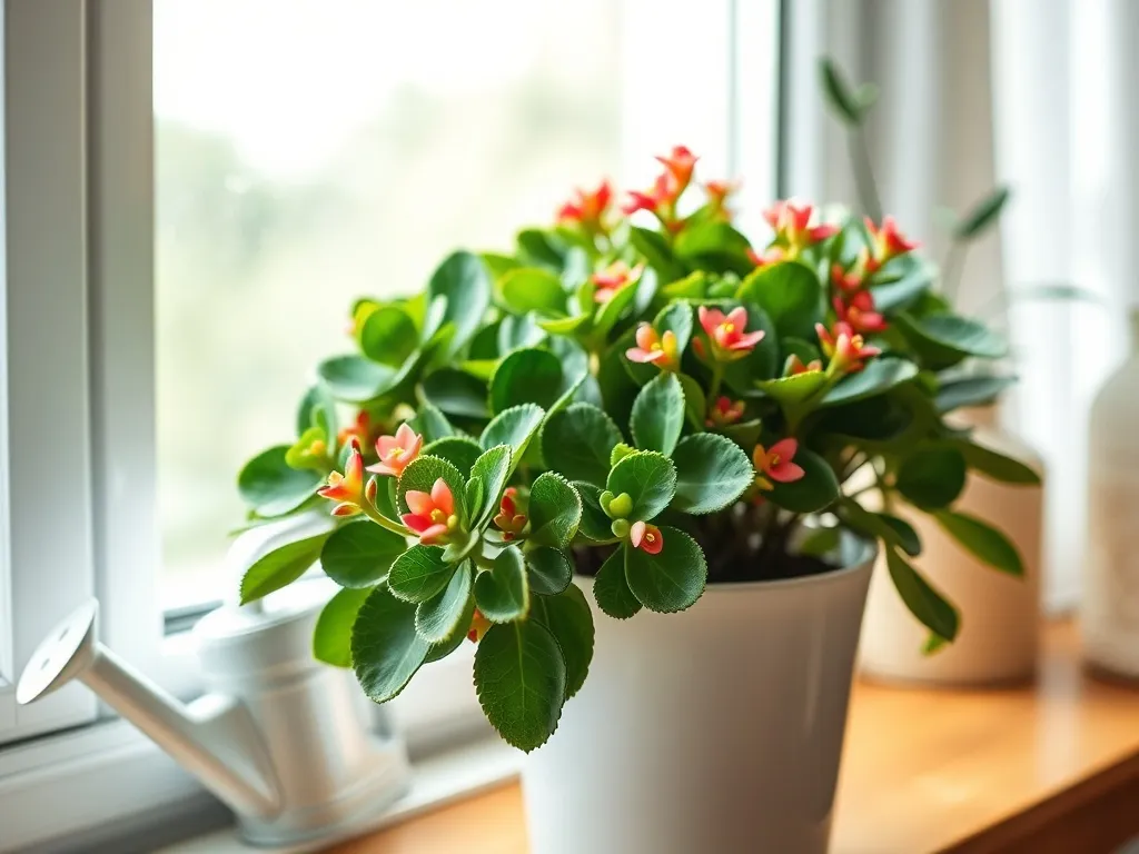 Kalanchoe w białej doniczce na jasnym parapecie, z soczystymi liśćmi i kolorowymi kwiatami w przytulnym, słonecznym wnętrzu.
