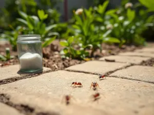 Mrówki wędrujące po kamiennej ścieżce ogrodu obok pojemniczka z białym proszkiem jako domową przynętą na mrówki