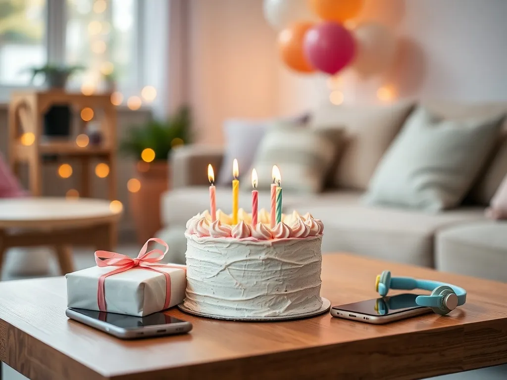 Mały tort urodzinowy z zapalonymi świeczkami, prezentem i słuchawkami na stole, w tle balony i lampki w pokoju nastolatki.