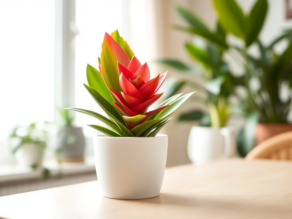 Kolorowa bromelia w białej doniczce na jasnym stole, przykład prawidłowej domowej uprawy tej rośliny.