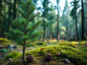 Młoda daglezja z jasnozielonymi igłami rosnąca w lesie, ukazująca warunki sprzyjające jej szybkiemu wzrostowi.