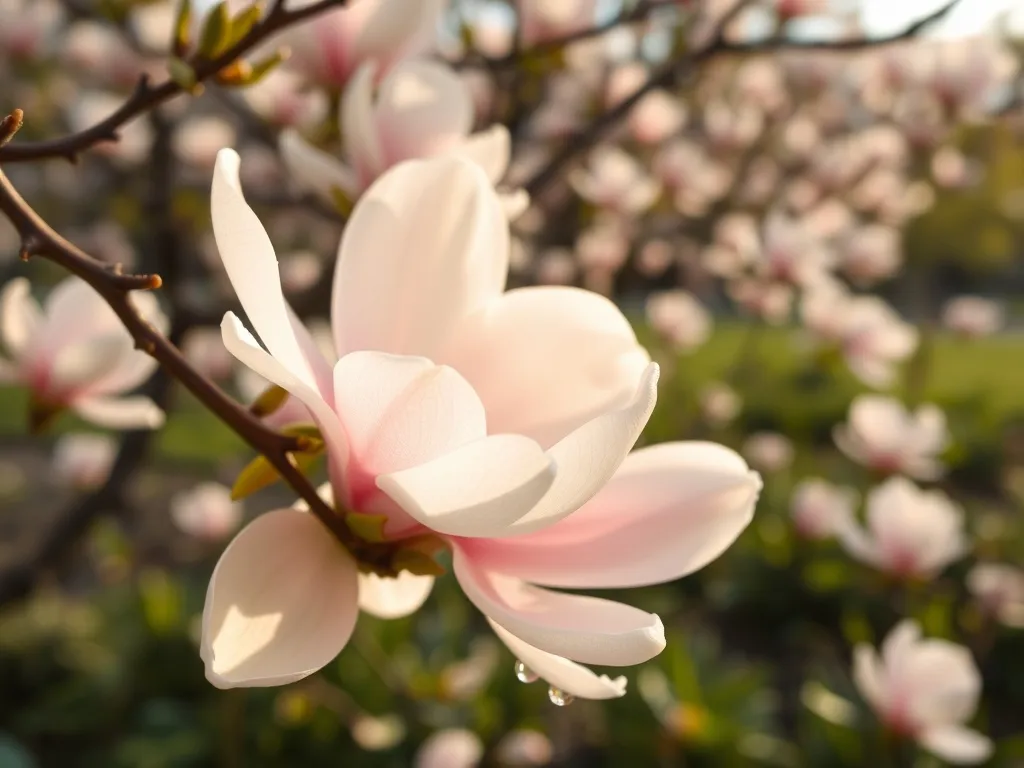 Delikatne kwiaty magnolii w odcieniach bieli i różu z kroplami rosy na tle wiosennego, rozkwitającego ogrodu