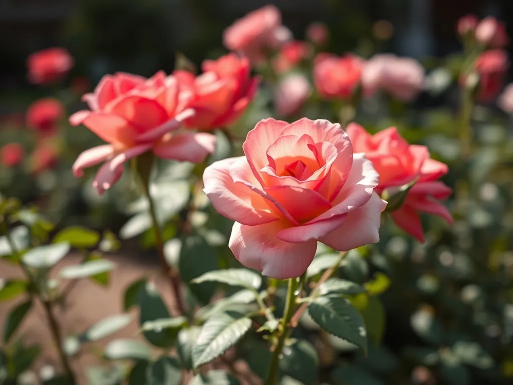 Róże ogrodowe w pełnym kwitnieniu z kroplami rosy, ukazane z bliska na tle rozmytego, zadbanego rabatu różanego.