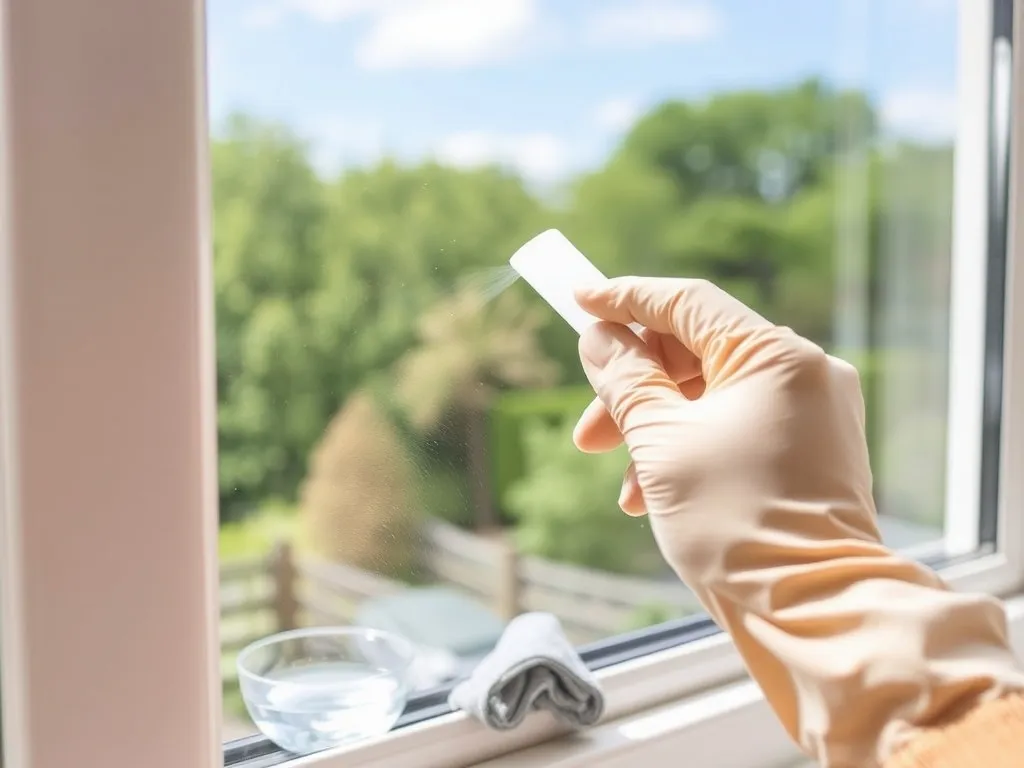 Dłoń w rękawiczce delikatnie zeskrobuje zaschniętą farbę z białej ramy okna PCV plastikową szpachelką, obok ściereczka i roztwór.