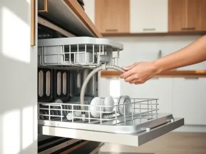 Osoba podłącza elastyczny wąż dopływowy do tyłu zmywarki w nowoczesnej, jasnej kuchni, samodzielny montaż sprzętu.